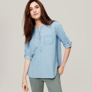 LOFT Petite Chambray Collarless Softened Shirt - Size XXSP